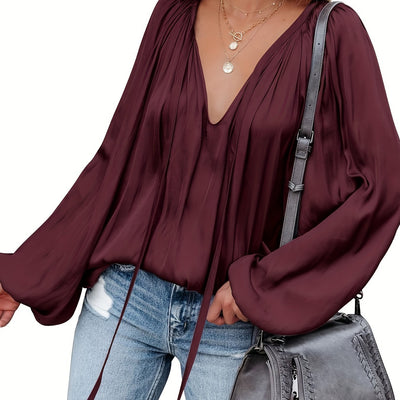 Blusa de Satén con Cuello en V y Mangas Largas para Mujer - Image 19