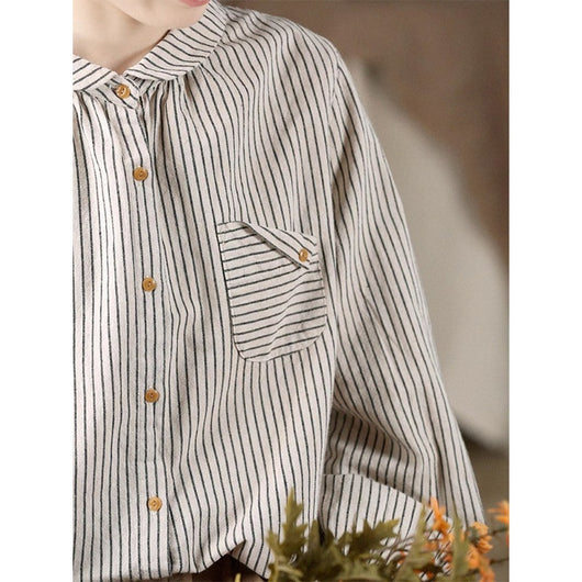 Blusa Retro de Lino y Algodón a Rayas con Diseño Artístico - Image 4