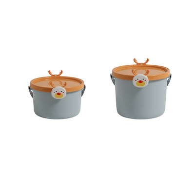 Two plastic storage buckets, one small and one large, with light blue bodies and orange lids featuring cartoon reindeer faces. - Image 15