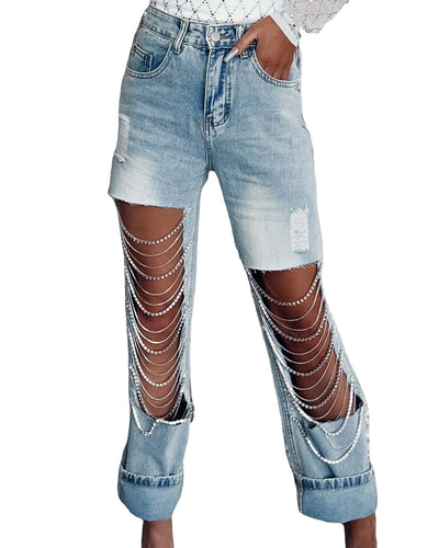 Pantalones Rectos para Mujer con Roturas y Cadenas Decorativas - Image 7