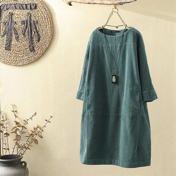 Vestido Cómodo Coreano de Color Sólido con Mangas Tres Cuartos