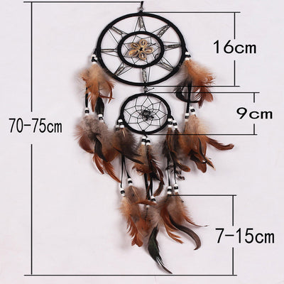 Bohemian dreamcatcher wind chime with black hoops, brown and tan feathers, and black and white beads. - Image 3