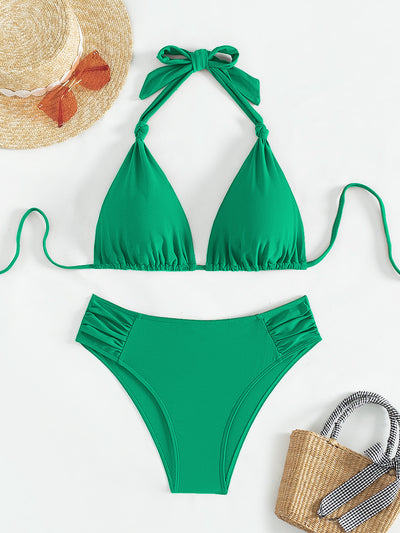 Solid olive green triangle halter bikini swimsuit for women, featuring a high-waisted bottom with ruched sides. - Image 15