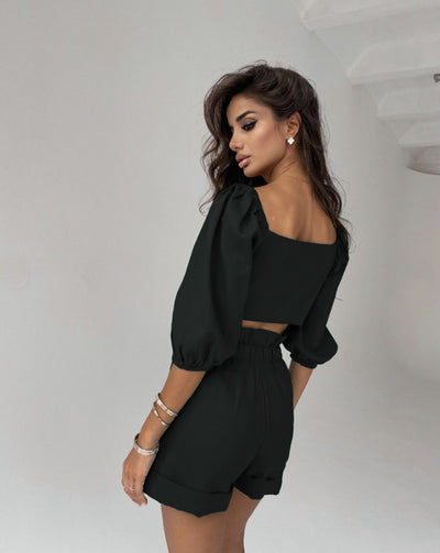 Conjunto Casual Mujer: Cardigan Lanterna Manga Ancha + Short Wide Leg con Bolsillos - Image 5