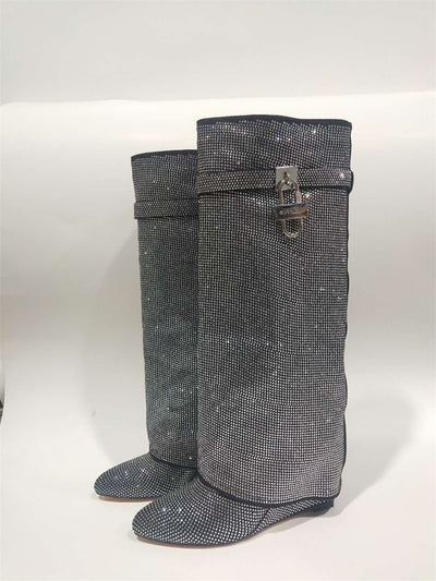 Botas Altas Hasta la Rodilla con Tacón Cuña Súper Alto y Hebilla Tiburón con Strass - Image 25
