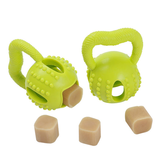 Green kettlebell-shaped TPR dog toy with a textured handle, nubs for molar cleaning, and a treat-dispensing opening. - Image 3