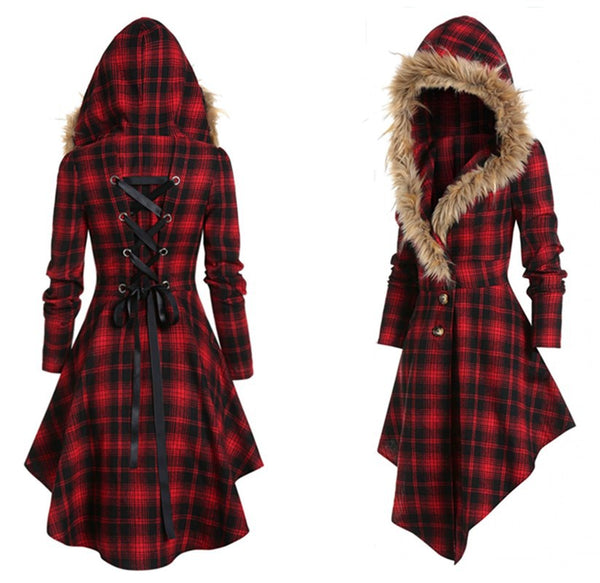 Chaqueta Acolchada de Cuadros con Cuello de Piel y Capucha