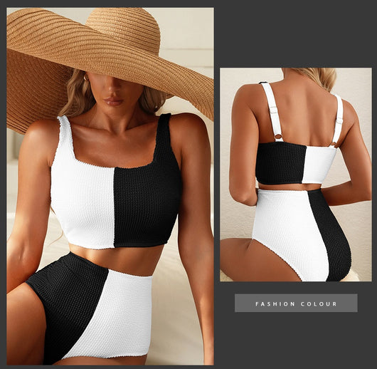 Women's black and white color block swimsuit set with a square neck crop top and high-waisted bottoms. - Image 10