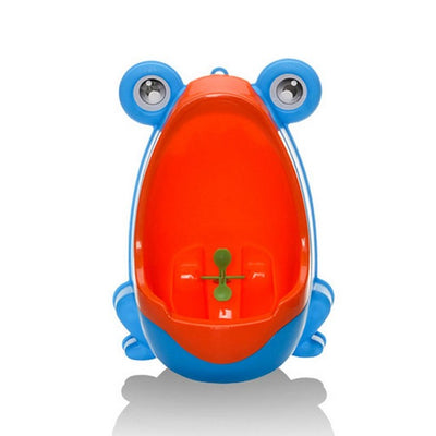 Green and orange frog-shaped children's urinal with large eyes and a spinning target for potty training. - Image 3