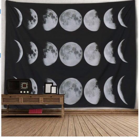 Black tapestry featuring a repeating pattern of white and grey moon phases, including full, crescent, and half moons. - Image 2