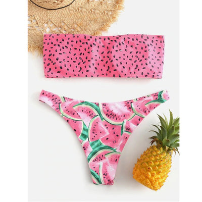 Red bandeau bikini top with black watermelon seed print and high-waisted bottoms with watermelon slice pattern. - Image 2