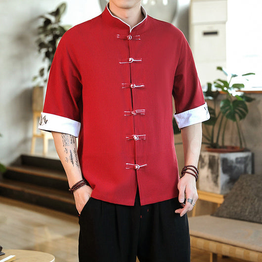 Camisa Hanfu Retro Estilo Chino con Cuello Mao y Manga 3/4 en Algodón y Lino