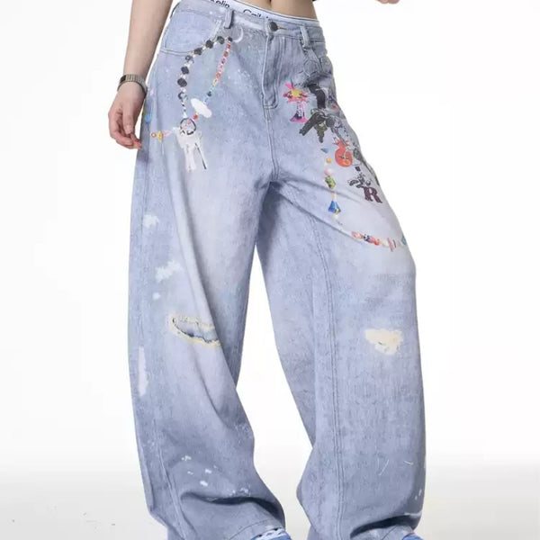 Jeans Anchos Desteñidos con Diseño Artesanal para Mujer - Estilo Verano