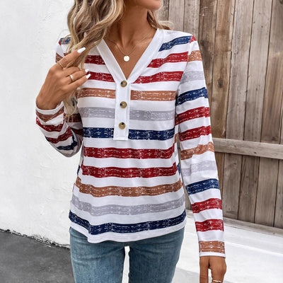 Blusa Mujer Rayas Cuello V Manga Larga con Detalles de Cierre - Image 3