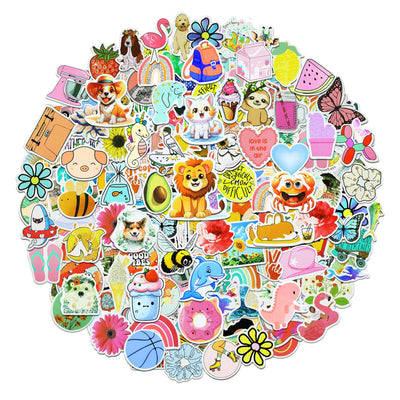 200 assorted waterproof PVC stickers featuring diverse designs like sunflowers, butterflies, rainbows, travel scenes, and positive quotes. - Image 7