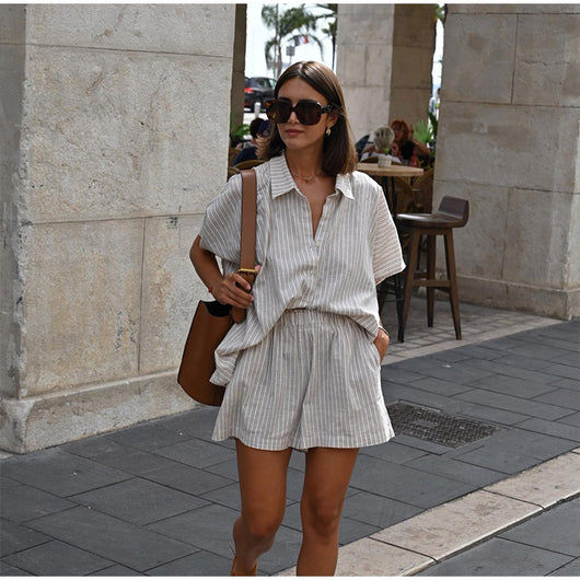 Conjunto de Camisa y Shorts a Rayas Holgado y Casual - Image 8