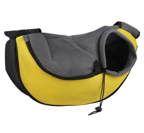Green and black mesh pet carrier sling bag with a drawstring opening and a yellow flower-shaped zipper pull. - Image 12