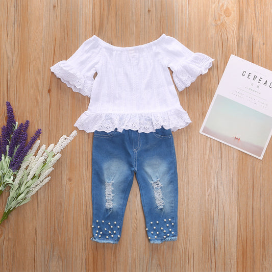 Blusa infantil de algodón con cuello y mangas de encaje - Image 2