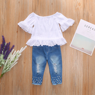 Blusa infantil de algodón con cuello y mangas de encaje - Image 2
