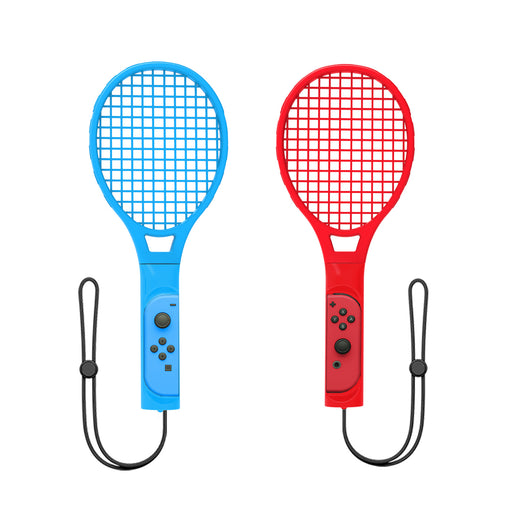Two black tennis racket controllers for Nintendo Switch, one with a blue Joy-Con and one with a red Joy-Con, both with wrist straps. - Image 15
