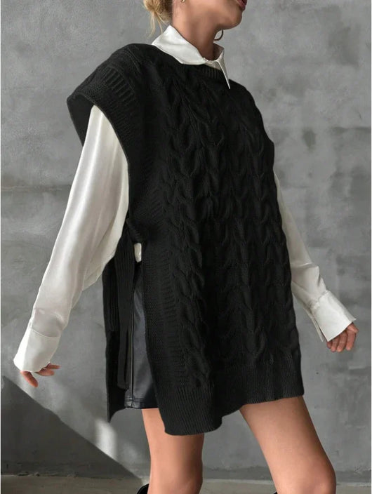 Chaleco Tejido Casual con Cuello V y Amarre Decorativo