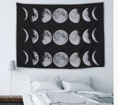 Black tapestry featuring a repeating pattern of white and grey moon phases, including full, crescent, and half moons. - Image 5