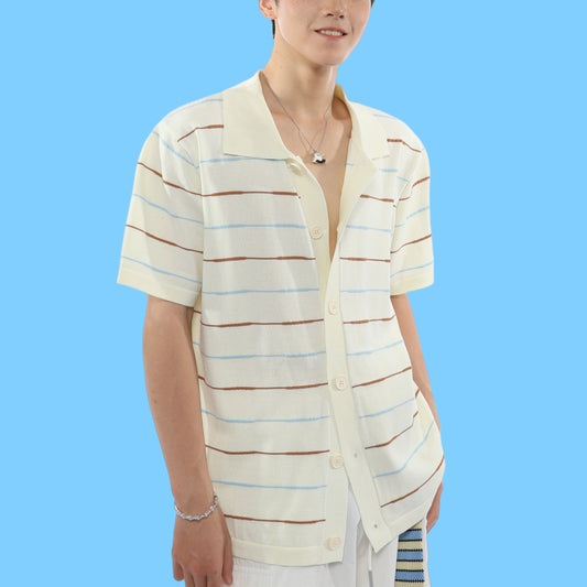 Cardigan Polo de Punto Rayas Manga Corta con Solapa