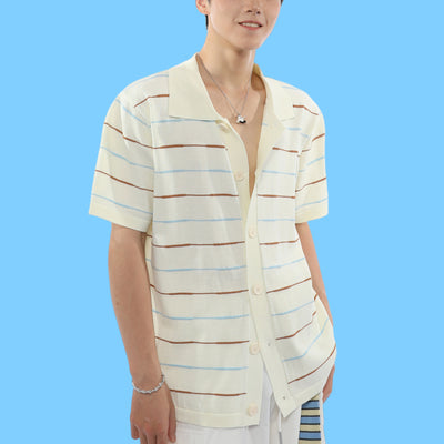 Cardigan Polo de Punto Rayas Manga Corta con Solapa