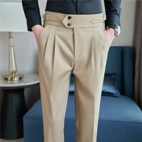 Pantalones Casuales Largos de Cintura Alta con Drapeado Elegante para Hombre