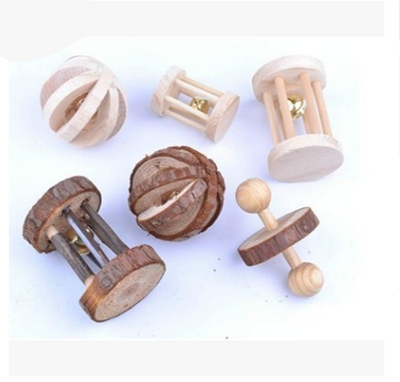 Set of natural wooden hamster toys including dumbbell shapes, a spherical bell toy, and two cylindrical bell toys, with a hamster. - Image 21
