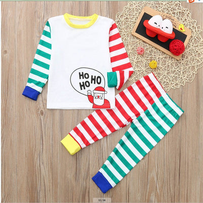 White, red, and green striped pajama set with a cartoon Santa Claus and "HO HO HO" text on the top. - Image 4