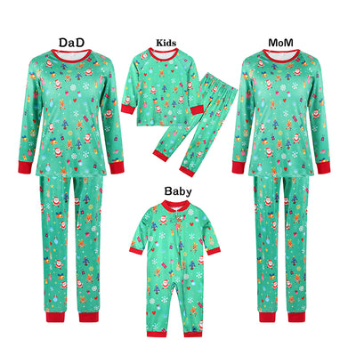 Matching family Christmas pajamas in green with a festive pattern of Santa, reindeer, and Christmas trees. - Image 17