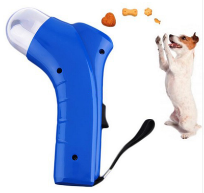 Red pet treat launcher with a clear reservoir filled with brown kibble, shown from side and top views with dimensions. - Image 5