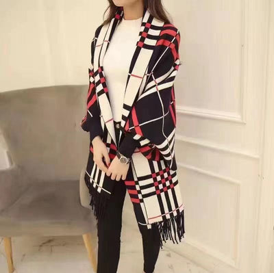 Cardigan Cuadros Tejido Mujer con Flecos - Abrigo Chal Largo