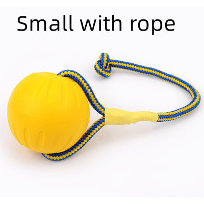 Yellow EVA pet training ball with a blue and yellow braided rope, suitable for dog play and training. - Image 6