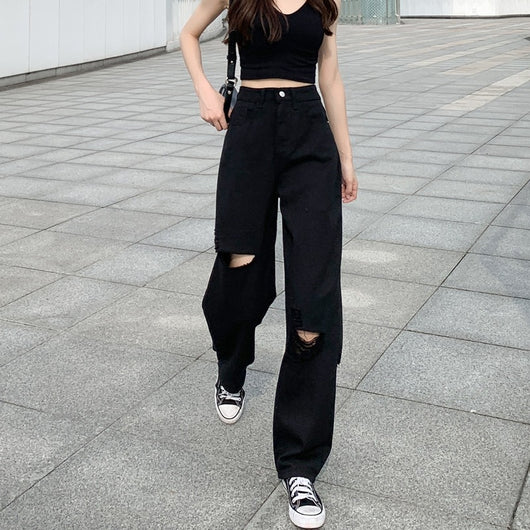 Jeans Negros Anchos Rotos para Verano Mujer - Image 11