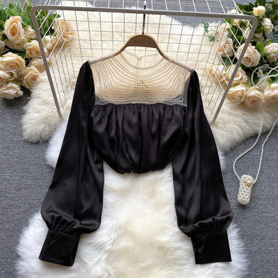 Blusa Elegante Plisada con Malla Transparente y Detalles Perlados - Image 19