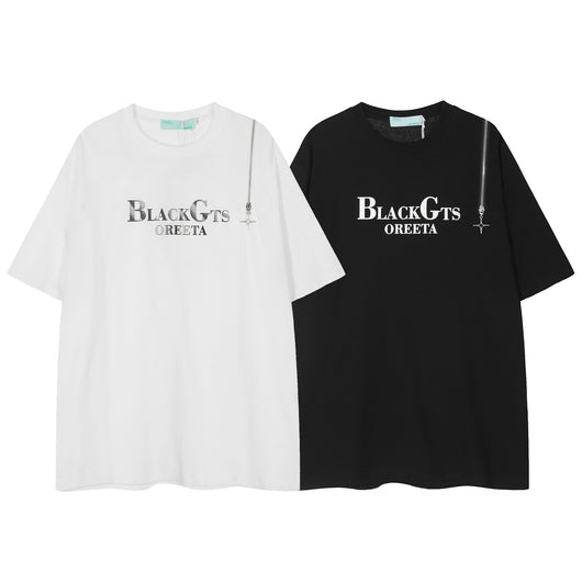 Camiseta Casual para Hombre con Cuello Redondo y Cierre, Estampado de Letras - Image 4