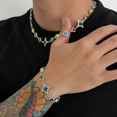 Collar Conjunto de Cruz y Estrella con Piedras de Gema Coloridas para Hombre - Image 11