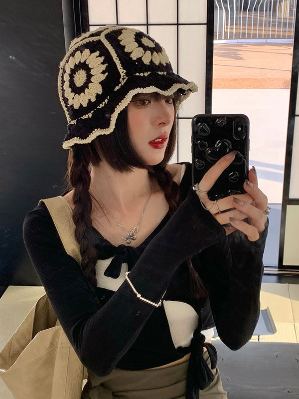 Gorro Tejido Vintage Calado Hueco Flores Transpirable