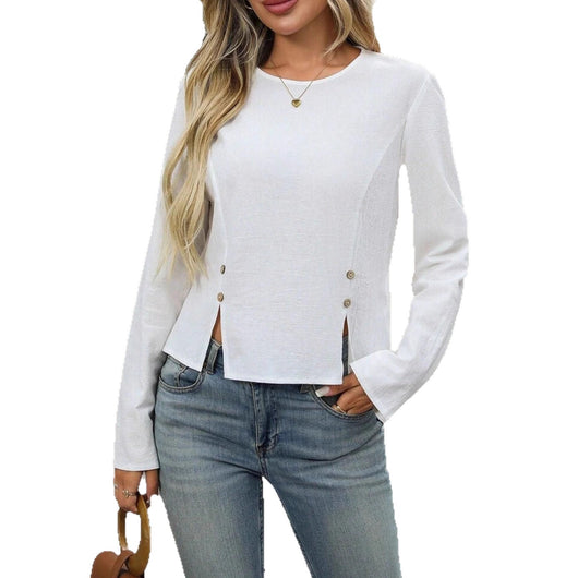 Blusa Versátil con Cuello Redondo, Botones Decorativos y Abertura Lateral - Image 5