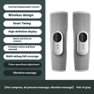 Pair of gray wireless leg massagers with heating, air pressure, and vibration functions for relaxation. - Image 6