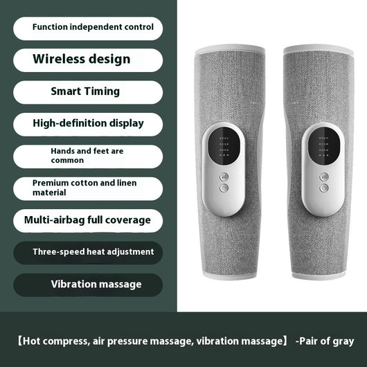 Pair of gray wireless leg massagers with heating, air pressure, and vibration functions for relaxation. - Image 6