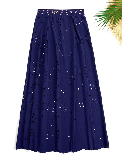 Navy blue women's one-piece swimsuit and matching midi skirt set with laser-cut floral patterns and scalloped edges. - Image 18