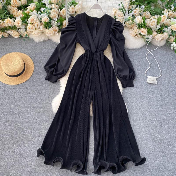 Vestido Retro Hada Cuello V Manga Abullonada Cintura Ajustada