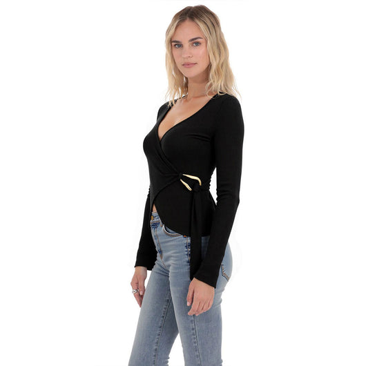 Suéter Tejido Negro Cuello V Manga Larga con Cintura Ajustada Diseño Francés - Image 4