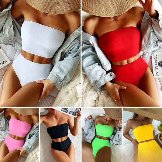 Vibrant orange strapless bandeau bikini top and high-waisted bottoms set, worn by a woman with a white shirt. - Image 2