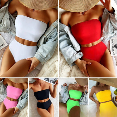 Vibrant orange strapless bandeau bikini top and high-waisted bottoms set, worn by a woman with a white shirt. - Image 2