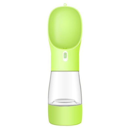 Pink portable pet water bottle with integrated feeder bowl, clear reservoir, and dispensing button for dogs. - Image 24