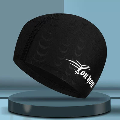 Black cloth swimming cap with a blue tribal-style graphic design on the side.